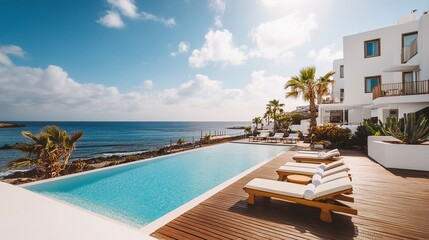 Obraz premium Modern beachfront luxury, white hotel with a sleek pool, wooden sundeck and sunbeds, turquoise waters meeting the horizon, bright sunny atmosphere 