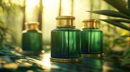 Green bottles with gold caps sit among green foliage gracefully