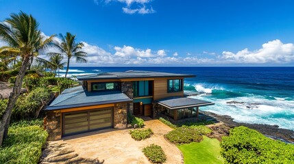 Obraz premium Modern beachfront property with azure green accents, rugged coastal stone facade, panoramic oceanfront views of crashing waves 