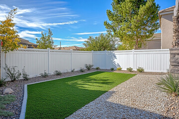 A well maintained backyard with artificial grass and a white vinyl fence under a blue sky