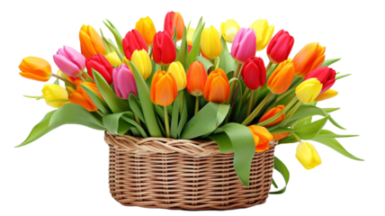 Wicker basket full of beautiful fresh multicolored tulips isolated on transparent background.
