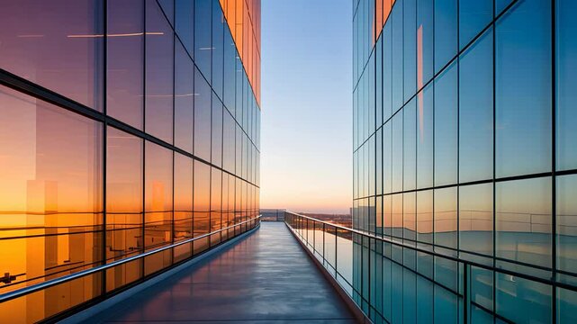 Modern glass buildings reflecting vibrant sunset colors with empty skybridge walkway leading toward clear horizon

