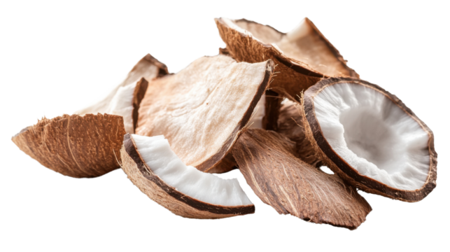 Coconut shell pieces: A close-up shot captures the intricate details of coconut shells, their textured surfaces, and the natural beauty of the organic shapes.