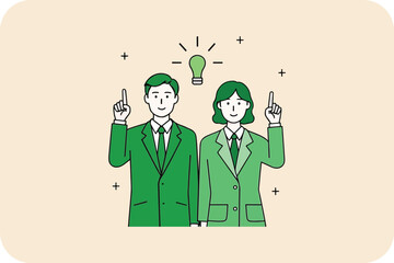 Two people with raised index fingers, light bulb idea above, against a light background, symbolizing inspiration and teamwork.