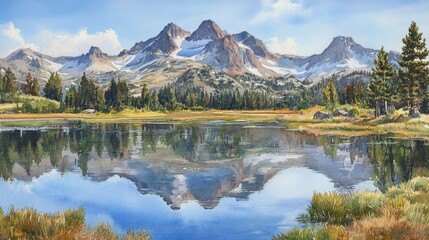 Obraz premium Serene Mountain Lake Reflection: A Watercolor Panorama
