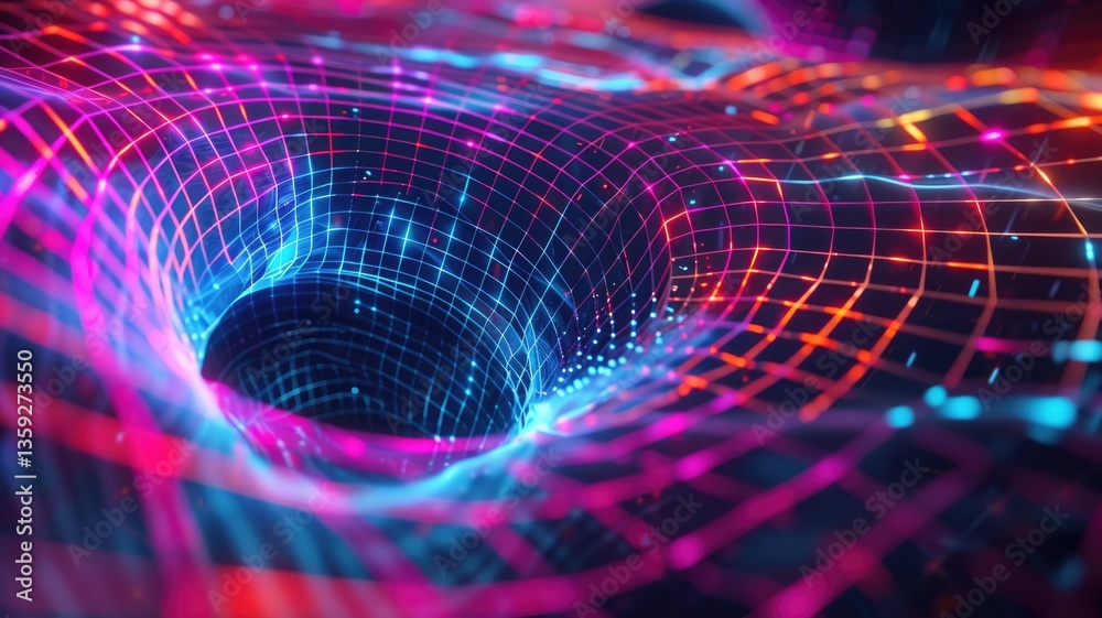 Poster abstract digital image of a colorful vortex with grid patterns on a dark background. digital artwork