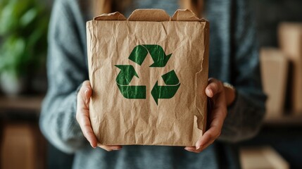 Eco-Conscious Hands: A person tenderly cradles a paper bag emblazoned with the universal recycling symbol, a symbol of environmental responsibility.