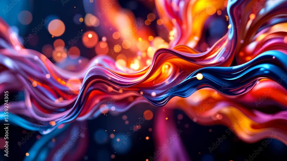 Wall mural abstract fluid forms in orange blue and pink with bokeh effect on a dark background