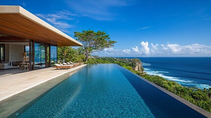 Fototapeta premium Modern luxury clifftop home, infinity pool shimmering under bright skies, pristine ocean views extending to the horizon, soft natural light 