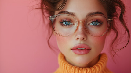 Fototapeta premium Young woman with glasses showcasing beauty against pink background 