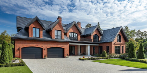 Naklejka premium Luxurious new brick house with manicured lawn