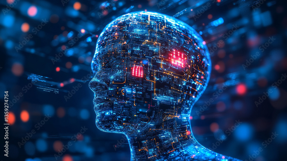 Poster artificial intelligence. computer mind in technology of future. 3d illustration of an abstract digit