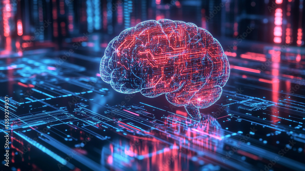 Poster artificial intelligence. computer mind in technology of future. 3d illustration of an abstract digit