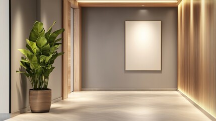 A modern interior hallway featuring a large blank canvas, minimalist design, warm lighting, and a decorative leafy plant in a stylish pot.