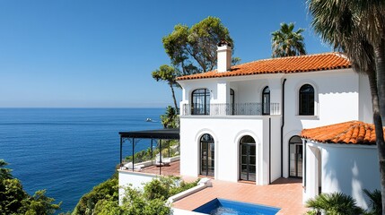 Modern Mediterranean house, sleek white facade with terracotta accents, expansive windows overlooking the sea, bright daylight 
