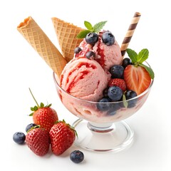 Strawberry blueberry and mango ice cream scoops detail with wafer stick in glass sundae dish cup isolated on white background