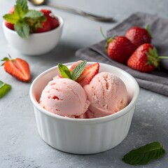 Strawberry blueberry and mango ice cream scoops detail with wafer stick in glass sundae dish cup isolated on white background