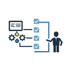 Man pointing at gear flowchart with checkboxes