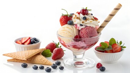 Strawberry blueberry and mango ice cream scoops detail with wafer stick in glass sundae dish cup isolated on white background