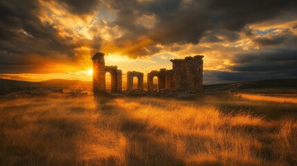 Obraz premium A ruined stone building is illuminated by the setting sun