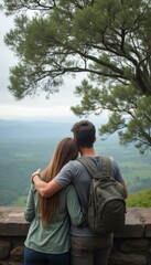 Fototapeta premium A young couple stands together, gazing at a breathtaking mountain landscape, their arms wrapped around each other. The serene atmosphere and lush greenery evoke a sense of peace and connection
