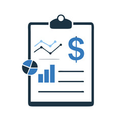 Financial report on clipboard with pie and bar chart icons