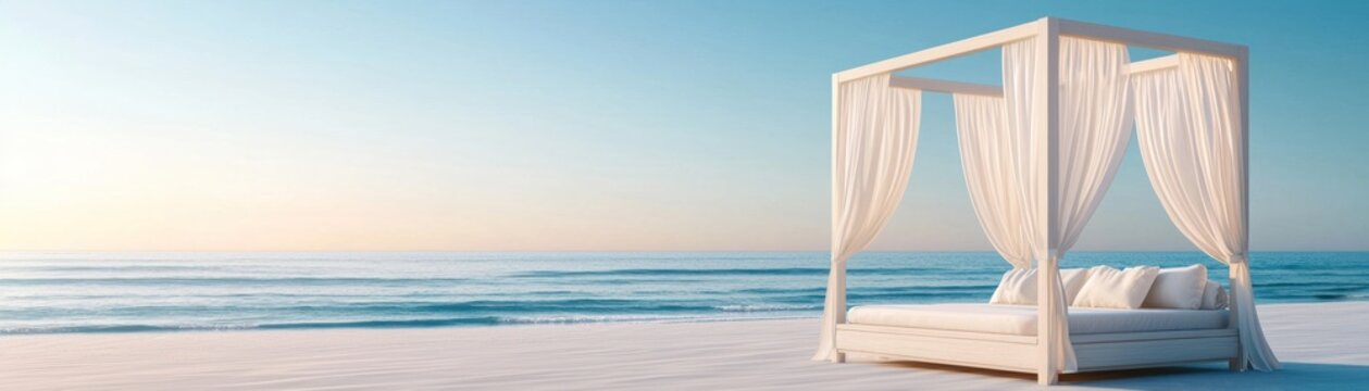 A serene outdoor bed scene beside the ocean on a beach