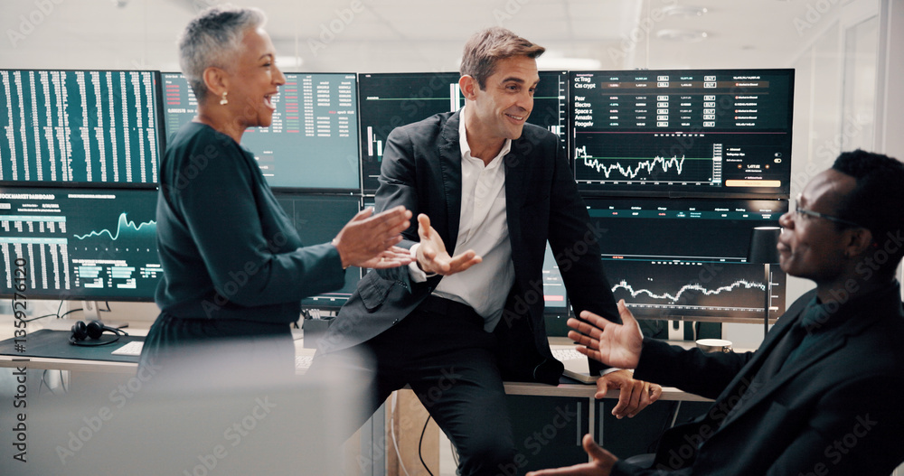 Poster computer screen, meeting and trading with business people in office together for investment or portf