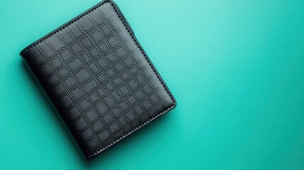 A stylish checkered pattern wallet in deep navy, displayed on a pastel mint green backdrop.