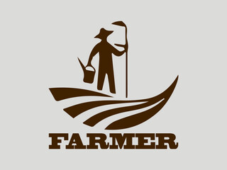 Silhouette of a farmer holding wheat against a farm landscape with sunburst, illustrated farmer portrait with cow silhouette, stylized illustration of  farmers with tools in a field and logo vector