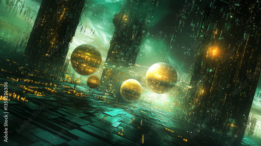 Poster digital data field in cyberspace of metaverse. 3d illustration of a polygonal network in shallow dep