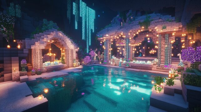 A beautifully illuminated grotto featuring an aquatic pool and arches
