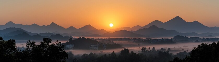 The vibrant sunrise paints the mountain silhouettes beautifully with light