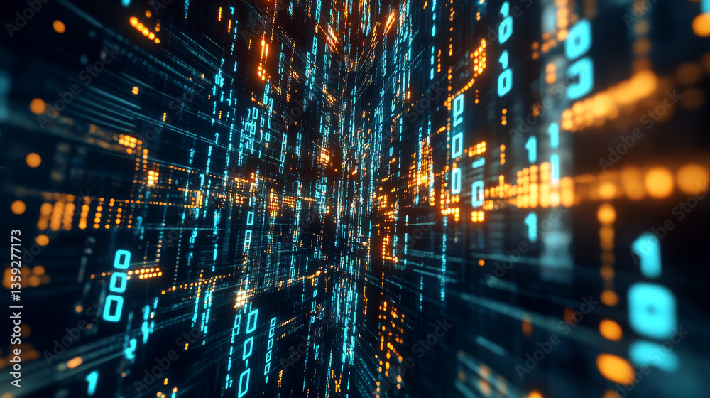 Poster cyberspace abstract concept. 3d illustration on a digital background with binary code elements
