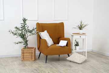 Modern interior of living room with brown armchair, pillows, coffee table and houseplant