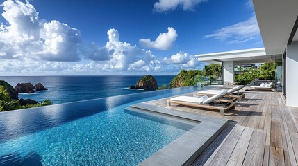 Fototapeta premium Modern seaside villa, luxurious pool with crystal reflections, sunbeds on a deck, horizon blending ocean and sky 