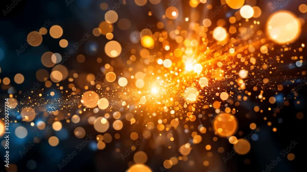 Wall mural abstract golden light burst with bokeh effect and sparkling particles on dark background