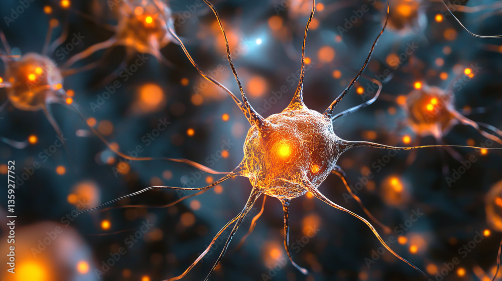 Poster internet technologies and neural network. 3d illustration of neural connections in artificial intell
