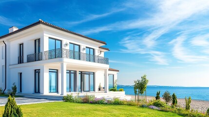 Modern seaside villa, Mediterranean-style design with large windows and white facade, turquoise sea and horizon in background, soft natural light 