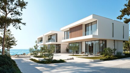 Fototapeta premium Modern seaside villa, Mediterranean-style design with large windows and white facade, turquoise sea and horizon in background, soft natural light 