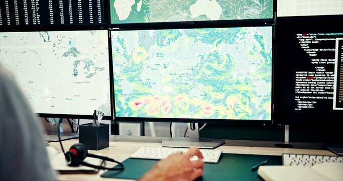 Screen, weather and hand at computer with map, news and wind research for reporter. Man, ecology broadcast and journalist with forecast on media report for meteorology update or climate change
