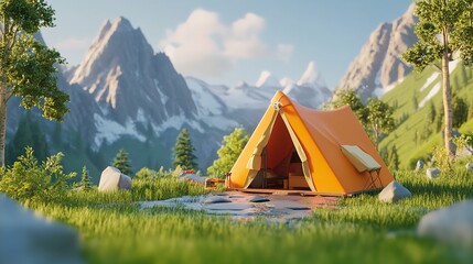 Campsite in nature with tent and elements for camping summer camp traveling trip hiking d rendering
