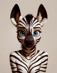 Obraz premium A digitally rendered zebra with large, expressive eyes and detailed stripes on its body stands against a plain, neutral background