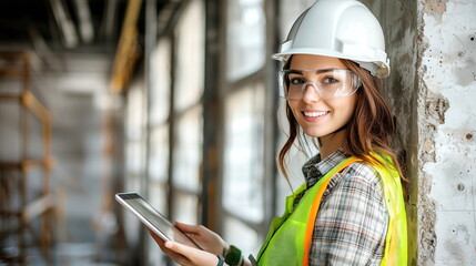Smiling female construction worker with hard hat and safety glasses using tablet at construction site, symbolizing progress and safety in construction