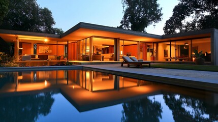 Fototapeta premium Modern villa with stylishly lit living room opening to a pool, serene reflections under starlight, sleek design blending interior and exterior 