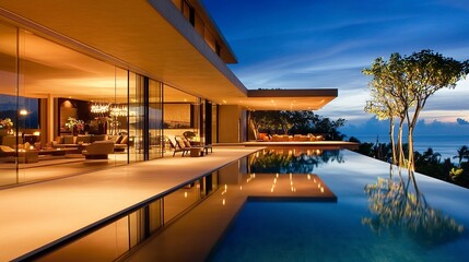 Fototapeta premium Modern villa with stylishly lit living room opening to a pool, serene reflections under starlight, sleek design blending interior and exterior 