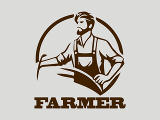 Silhouette of a farmer holding wheat against a farm landscape with sunburst, illustrated farmer portrait with cow silhouette, stylized illustration of  farmers with tools in a field and logo vector