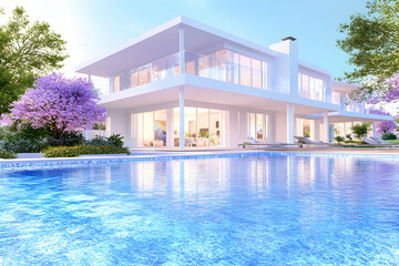 Modern villa poolside, spring landscape, luxury home design, real estate