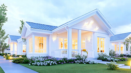 Modern white house, twilight, garden, pathway, real estate