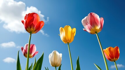 Colorful tulips reaching towards the bright blue sky above them